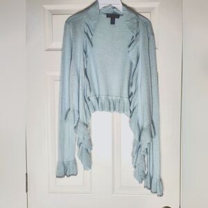 Vtg INC Intern. Concepts XL Blue Knit Crop Waterfall Ruffle Women Open Cardigan